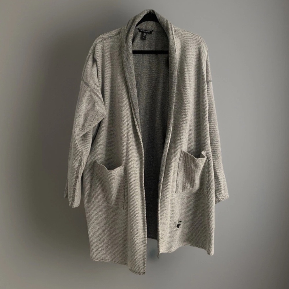 Eileen Fisher Knit Cardigan Gray XL Open Front Sweater Holes As Is